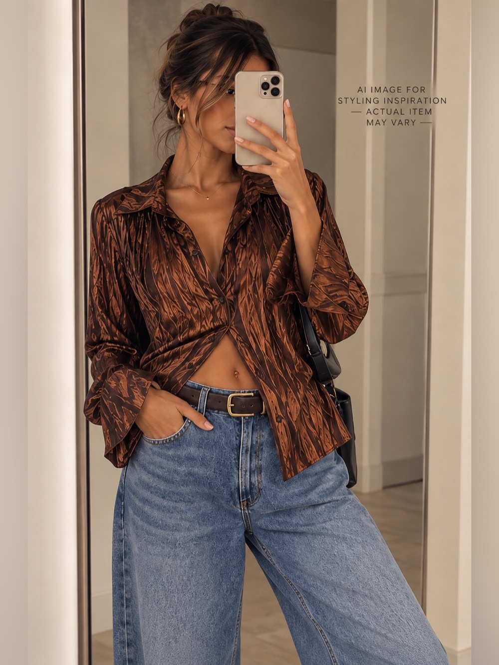 ECI New York Y2K 100% Silk Metallic Chocolate Crinkle Blouse Bell Sleeve Size